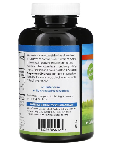 Chelated Magnesium Glycinate 200 mg (хелат магний глицинат 200 мг) 180 таблеток (Carlson Labs) фото 4