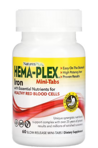 NaturesPlus Hema-Plex Iron Mini-Tabs (Железо с незаменимыми питательными веществами для здоровых эритроцитов) 60 мини-таблеток с медленным высвобождением 