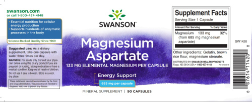 Magnesium Aspartate 685 mg (Аспартат Магния 685 мг) 90 капсул (Swanson) фото 3
