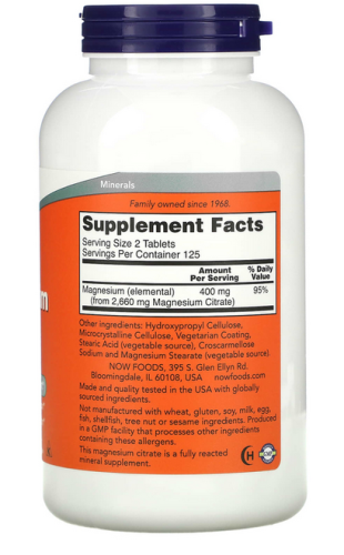 Now Foods Цитрат магния (Magnesium Citrate) 200 мг. 250 таблеток фото 2