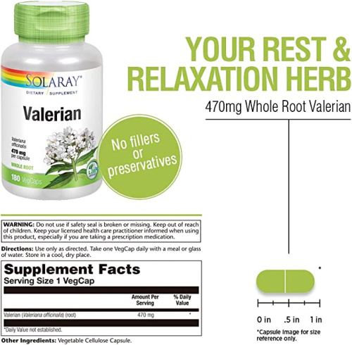 Valerian 470 mg Root (Корень Валерианы 470 мг) 180 вег капсул (Solaray) фото 5