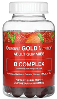 California Gold Nutrition B Complex Gummies (Комплекс витаминов гуппы B, без желатина и глютена, со вкусом клубники) 45 жевательных таблеток