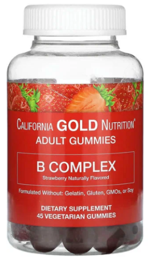 California Gold Nutrition B Complex Gummies (Комплекс витаминов гуппы B, без желатина и глютена, со вкусом клубники) 45 жевательных таблеток
