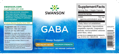 GABA 750 mg (ГАМК 750 мг) 60 вег капсул (Swanson) фото 3