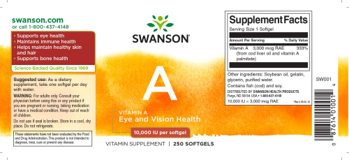 Vitamin A 10000 IU (Витамин А Ретинол 10000 МЕ) 250 мягких капсул (Swanson) фото 3