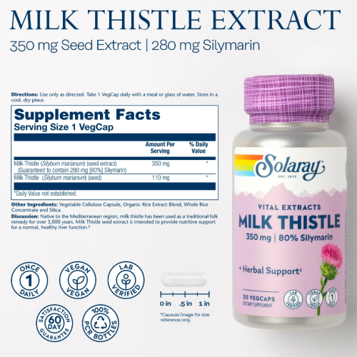 Milk Thistle 350 mg Extracts (Расторопша 350 мг) 30 вег капсул (Solaray) фото 2